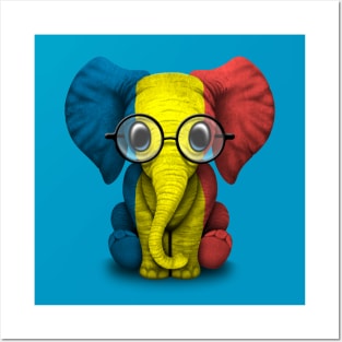 Baby Elephant with Glasses and Romanian Flag Posters and Art